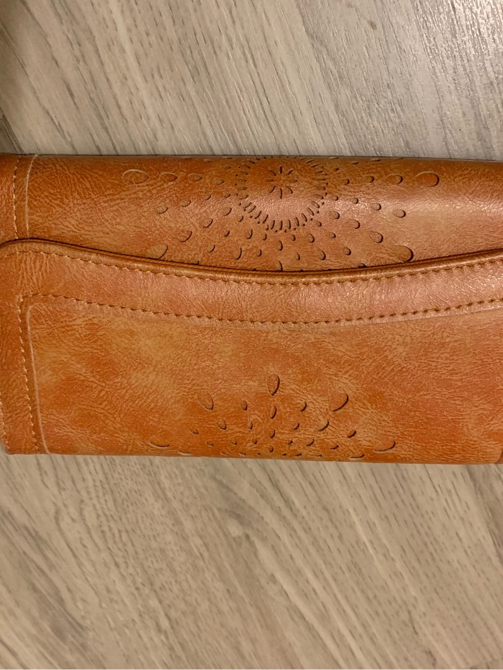 Leather Floral-Embossed Clutch Wallet in Cognac